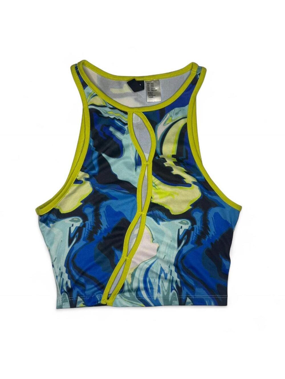 Desigual Inspired 80s Abstract Marble Keyhole Fitted Ravewear Crop Tank Size XXS